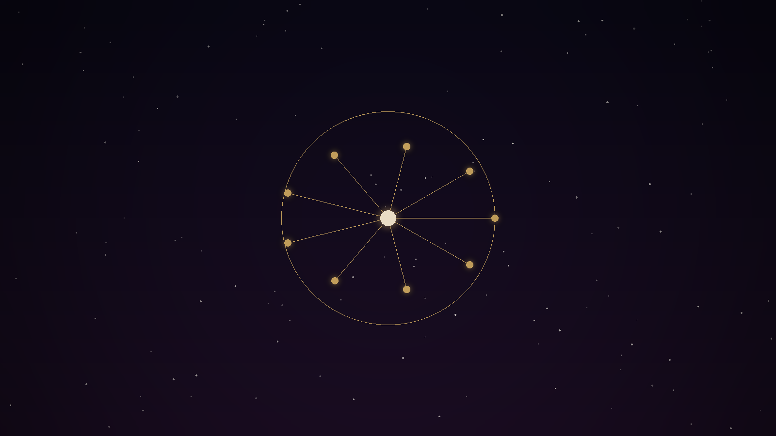 A golden circle of small nodes surrounding a glowing center point on a dark celestial background, symbolizing a group seated together in stillness