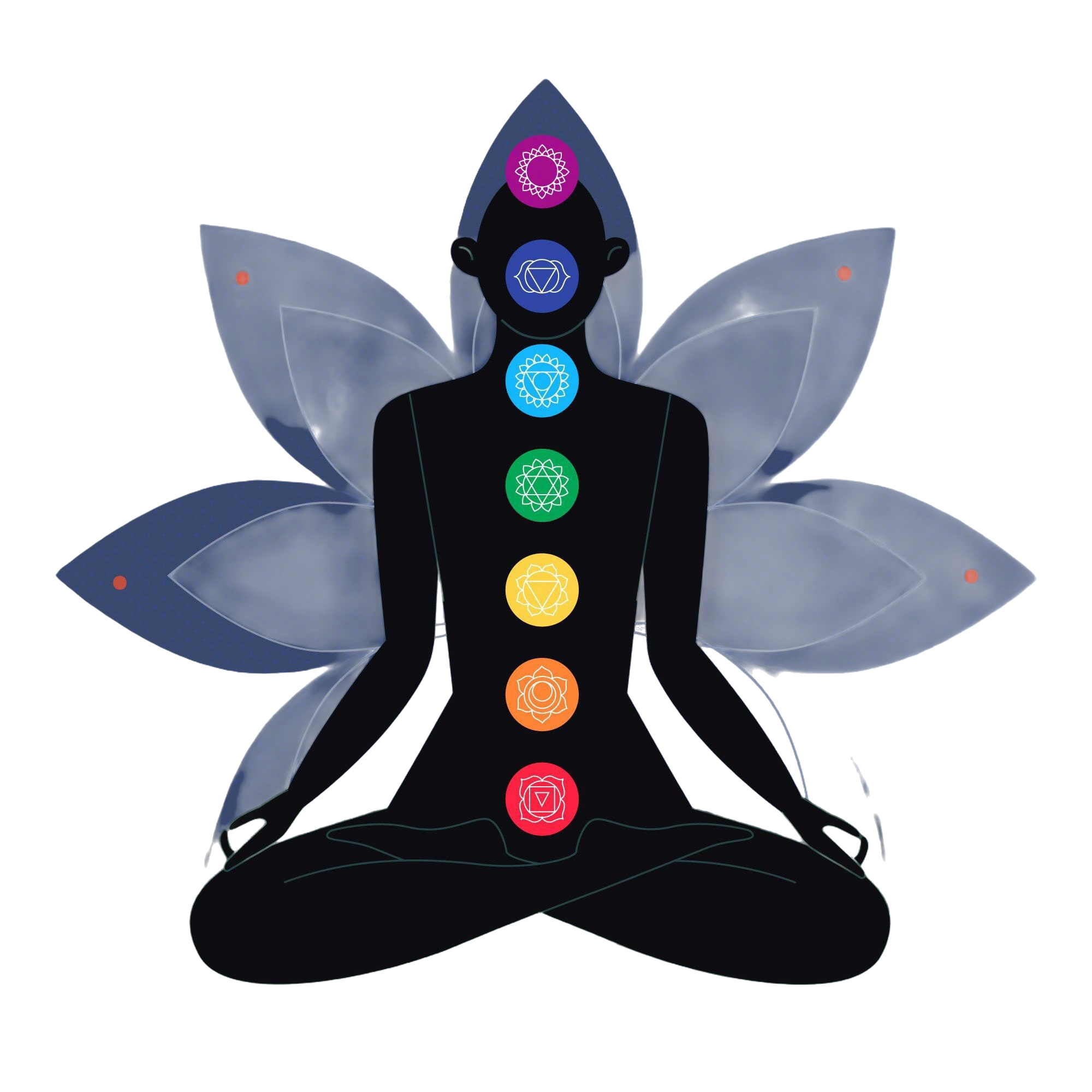 Seven chakras along the body with lotus background
